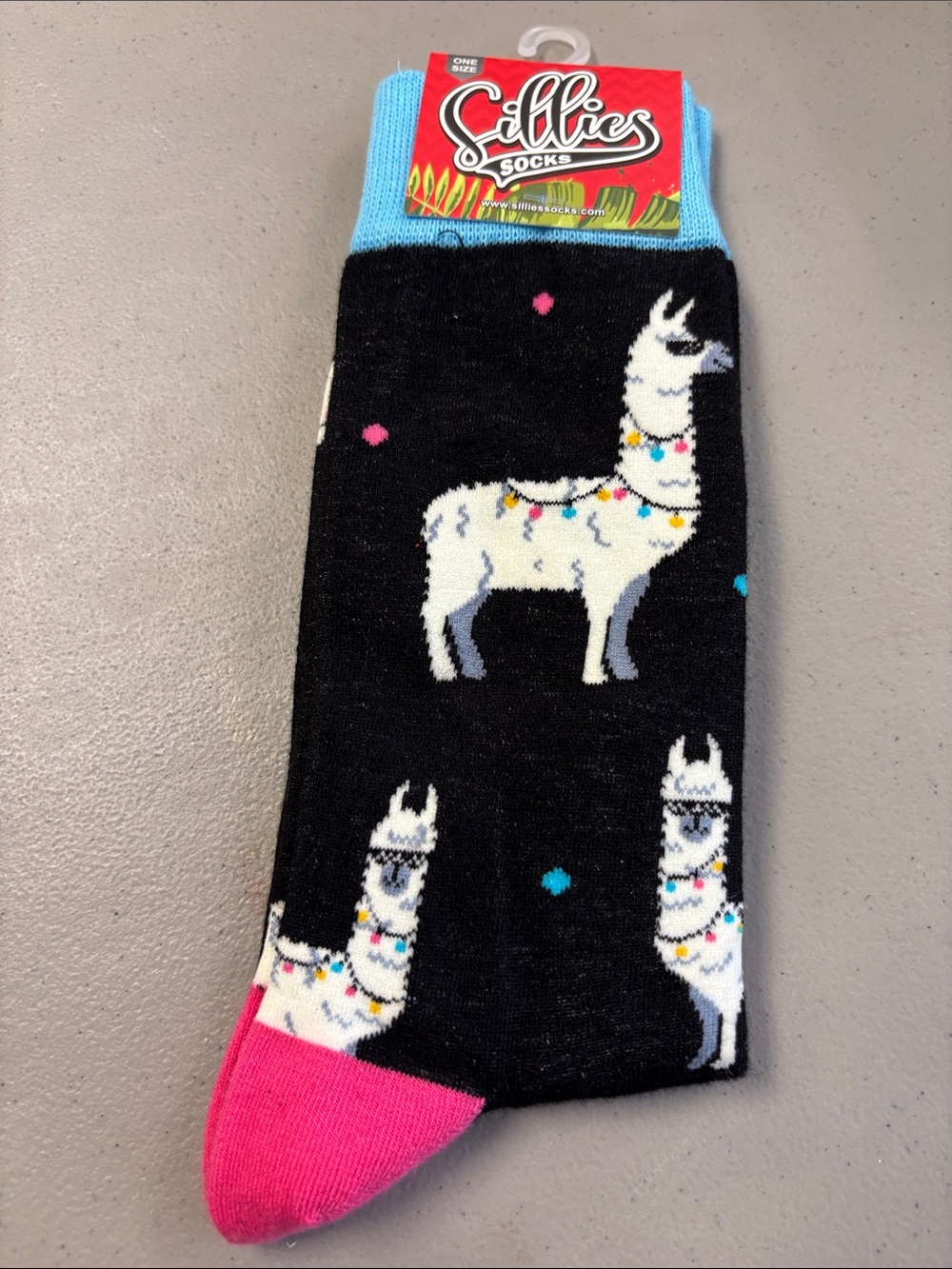 Men’s Black Llama Pattern Casual Socks - Pink Toe, Blue Cuff